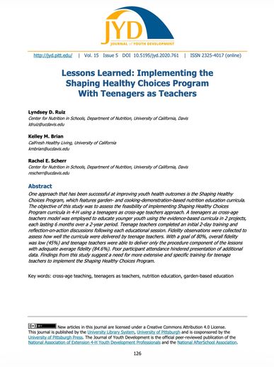 Research article on the Shaping Healthy Choices program using teenagers as teachers.