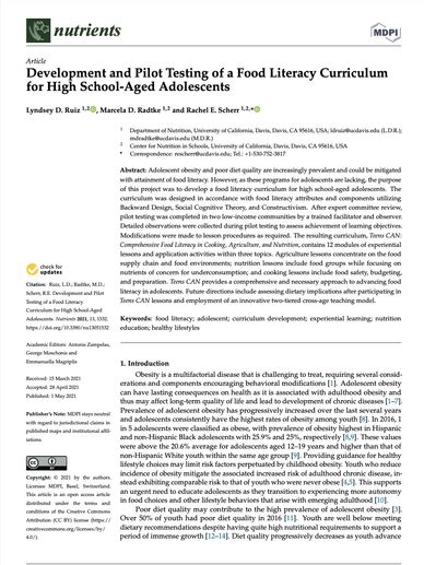 Research article on food literacy curriculum for adolescents addressing diet quality issues.