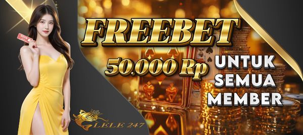 Promotional banner offering a free bet of 50,000 Rp for all members with a woman in a yellow dress.