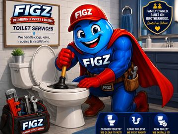 Superhero mascot plunges toilet in a bright, clean bathroom for FIGZ plumbing services.
