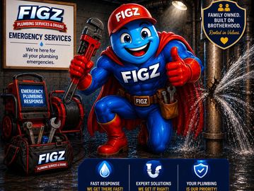 Cartoon plumber mascot from FIGZ with tools fixing a leaking pipe, highlighting emergency plumbing services.