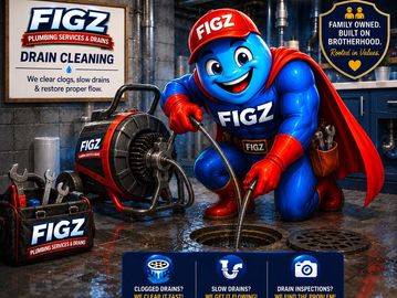 Figz mascot unclogs drains with professional tools and service.