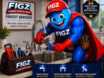 Superhero mascot from FIGZ Plumbing fixing a faucet with tools in a kitchen.