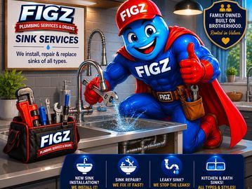 A superhero mascot fixes a leaking sink for FIGZ Plumbing Services & Drains.