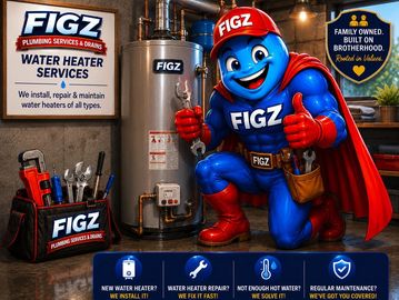 Superhero mascot promotes FIGZ plumbing and water heater services with tools and a thumbs-up.