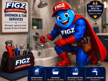 Superhero plumber from FIGZ fixing a shower in a modern bathroom.
