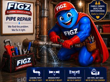 Figz plumbing superhero fixing a leaking pipe with confidence and skill.