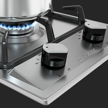 Close-up of a modern gas stove burner with blue flame.