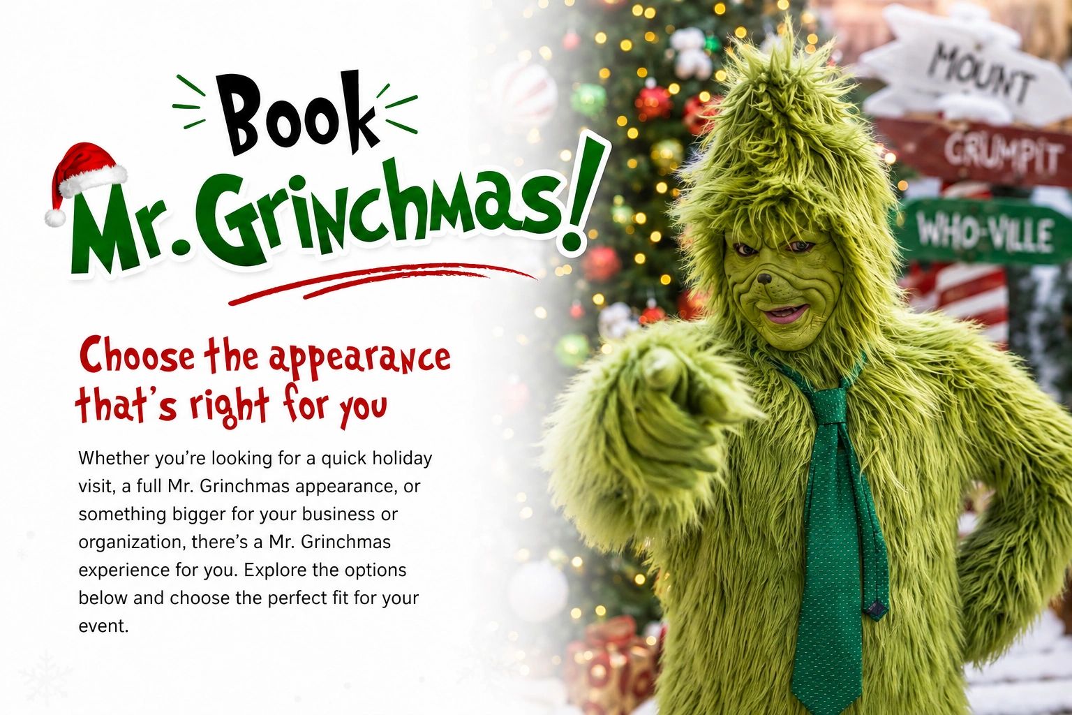 Person dressed as the Grinch with holiday decorations.