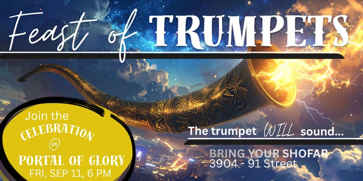 Feast of Trumpets event poster with a glowing trumpet.