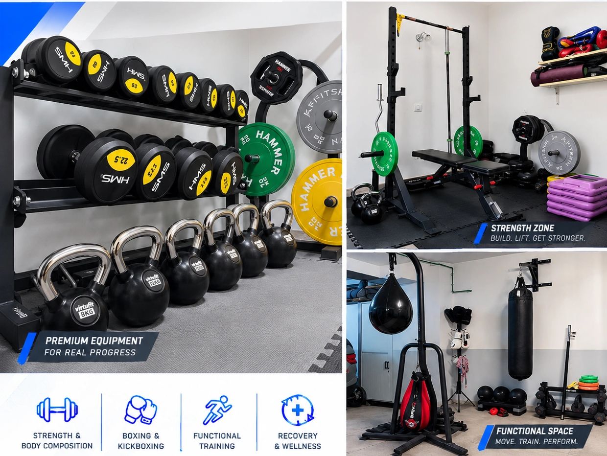 Modern gym with premium equipment and functional training areas.