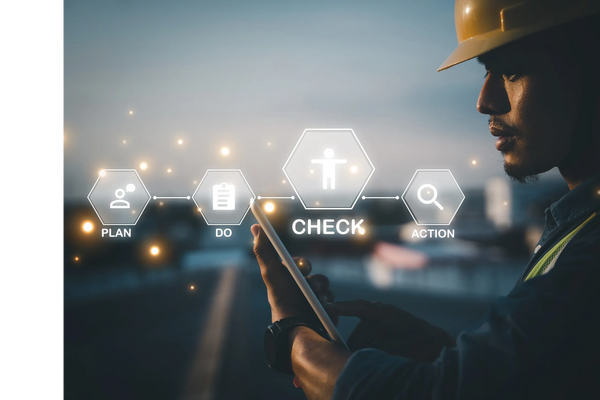 Engineer using tablet with Plan-Do-Check-Action workflow icons.
