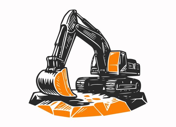 Illustration of an excavator with orange accents digging on rocky ground.