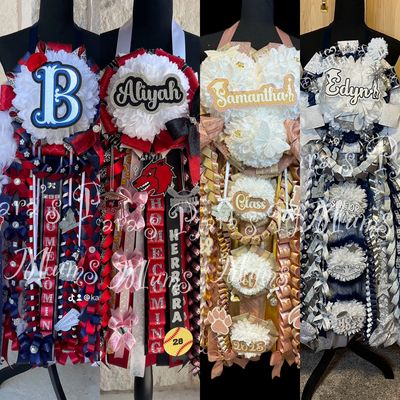 Four custom-designed mom mum bouquets with names and school themes.