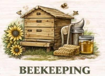 Artistic beekeeping illustration with hive, honey jar, and sunflowers.