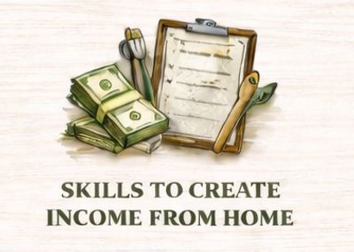 Illustration with money, tools, and clipboard titled 'Skills to Create Income from Home'.