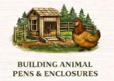 Illustration of a chicken coop with a chicken and text about building animal pens.