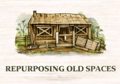 Illustration of a rustic old shed with the text 'Repurposing Old Spaces'.