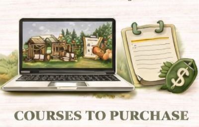 Laptop displaying a village game scene with a note and money icon for purchasing courses.