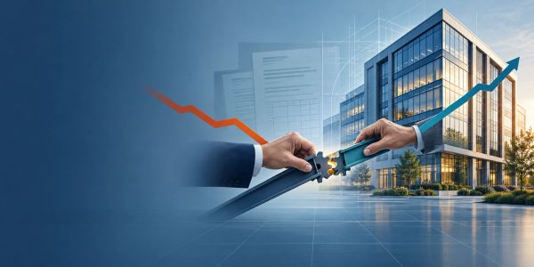 Business collaboration improves financial performance with building background.
