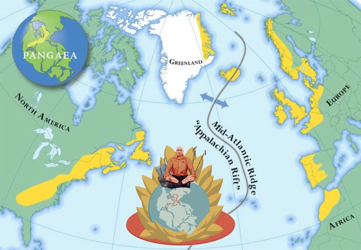 Cartographic map of the Central Pangea Mountains and a logo of Lil' Buddha Hikes. 
