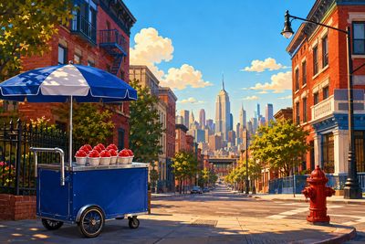 A vibrant city street with a snow cone cart and skyline view.