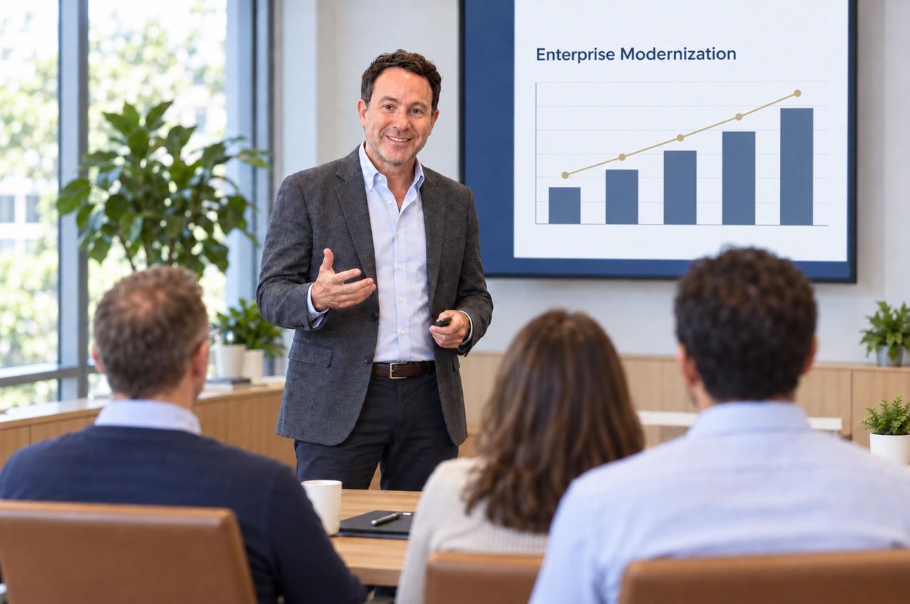 Man giving presentation on enterprise modernization.
