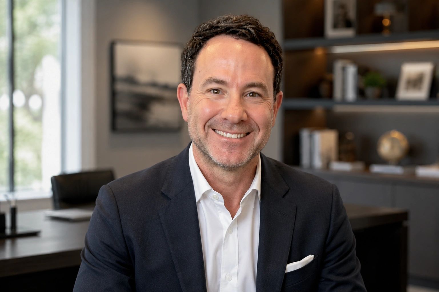 Smiling man in a suit in a modern office.