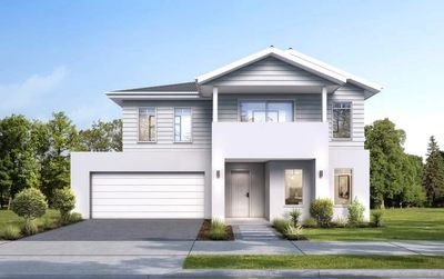 Drawing of a modern two-story house with garage and front yard.