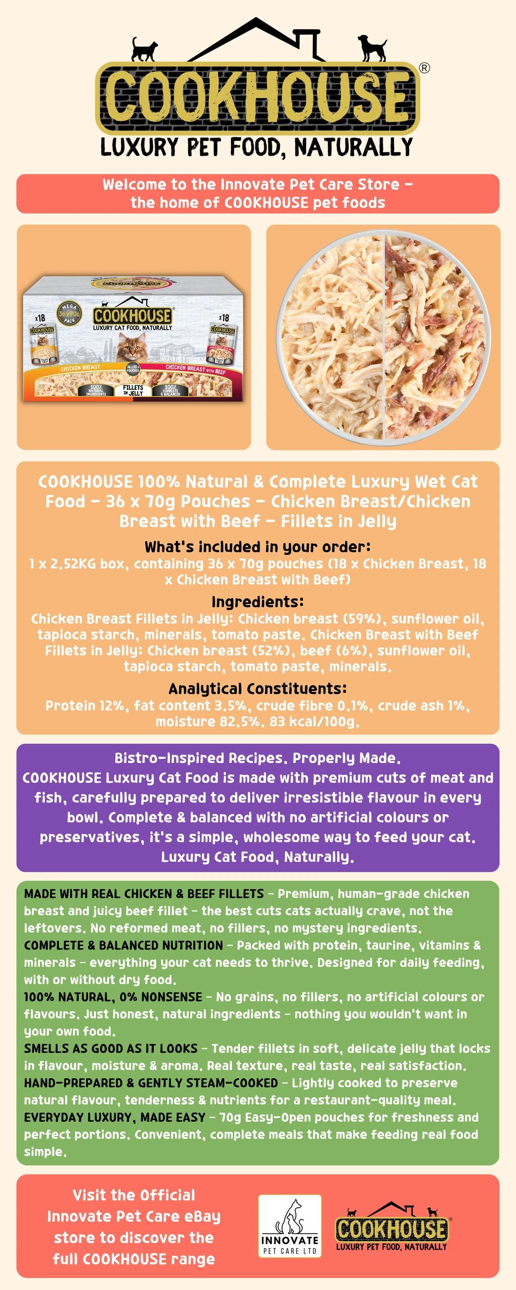 Cookhouse luxury wet cat food with chicken and beef fillets in jelly, made naturally with premium ingredients.