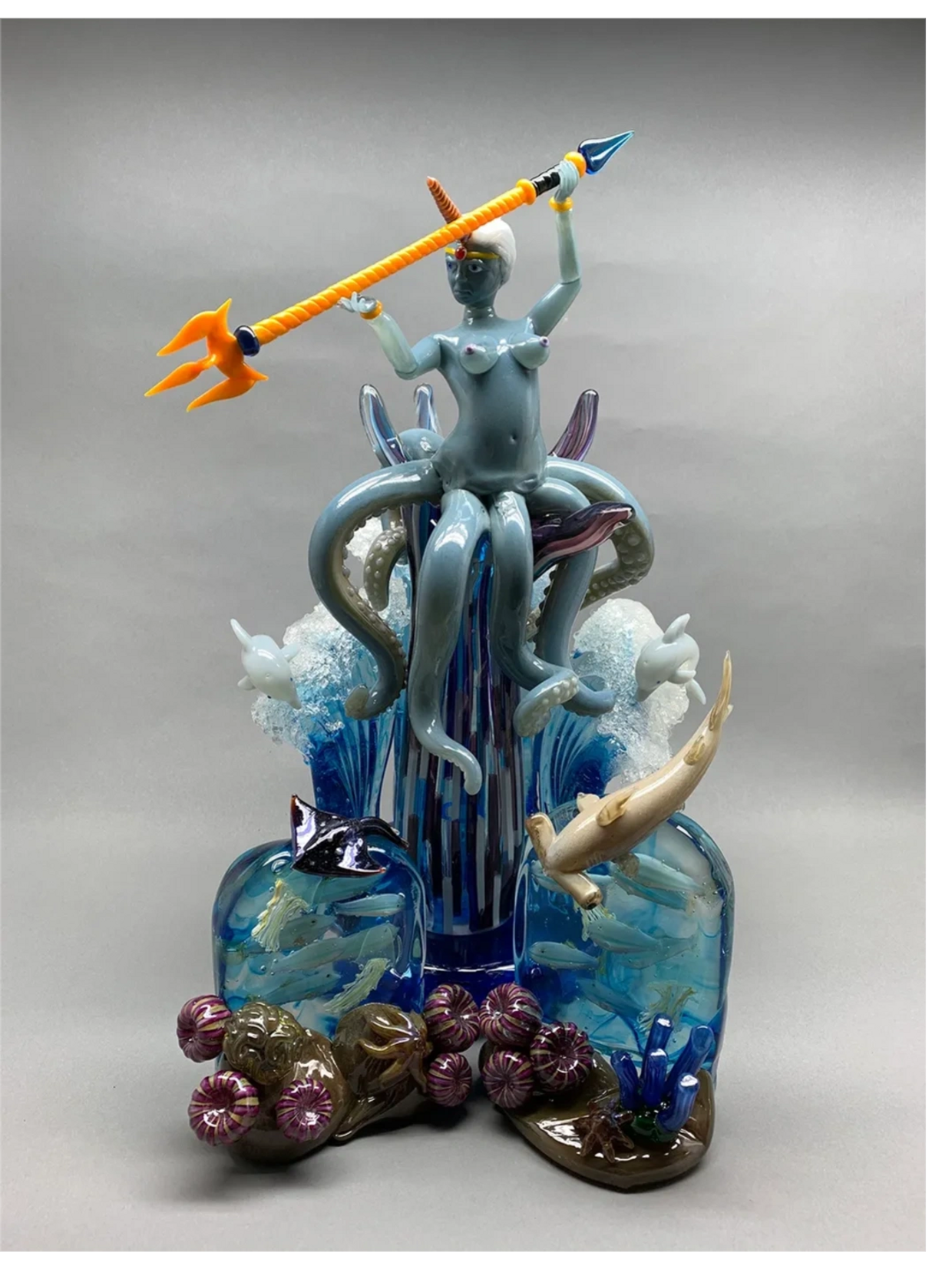 Glass Sculpture Octopus woman as Gaia holding trident on hand emerging from waves and sea life