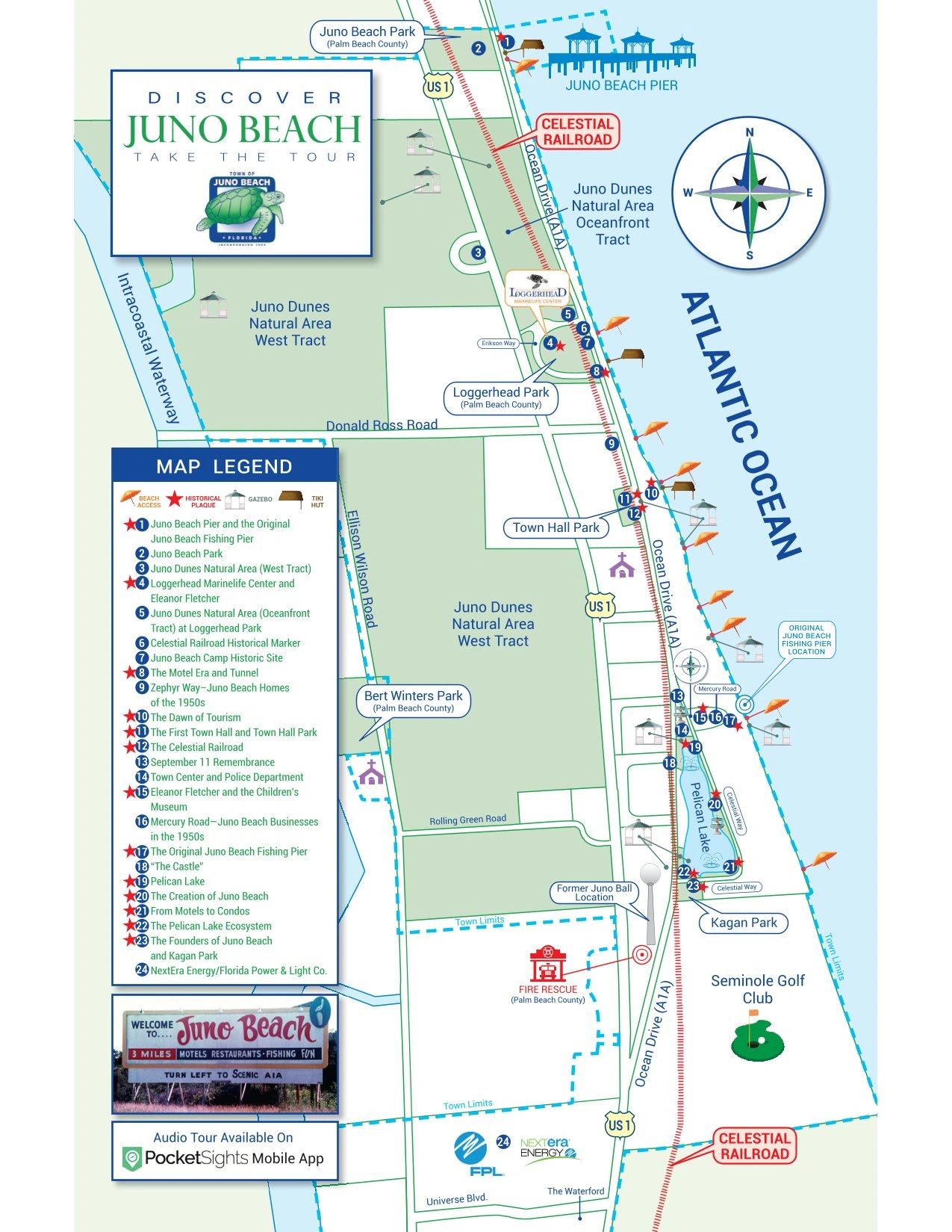 A map showing the location of each stop on the Discover Juno Beach Tour, including its ten plaques.