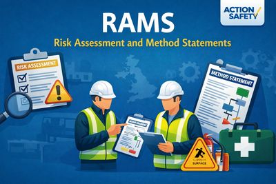 Two workers in safety gear reviewing RAMS documents with safety icons around them.