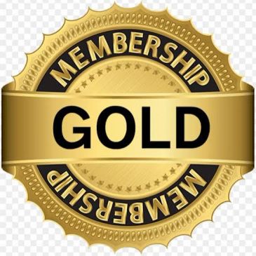 Gold membership badge with a shiny design.