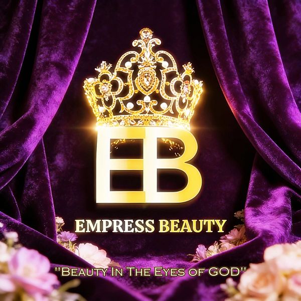 Golden EB logo with a crown on purple velvet background.