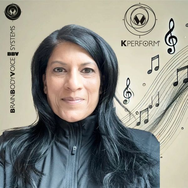 Confident woman with black hair beside musical notes and KPERFORM logo.