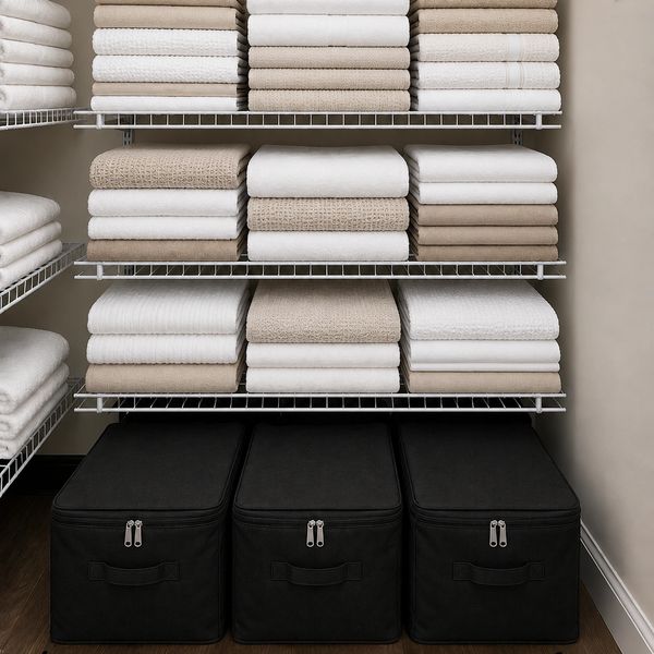 Neatly folded beige and white towels on shelves above three black storage bins.