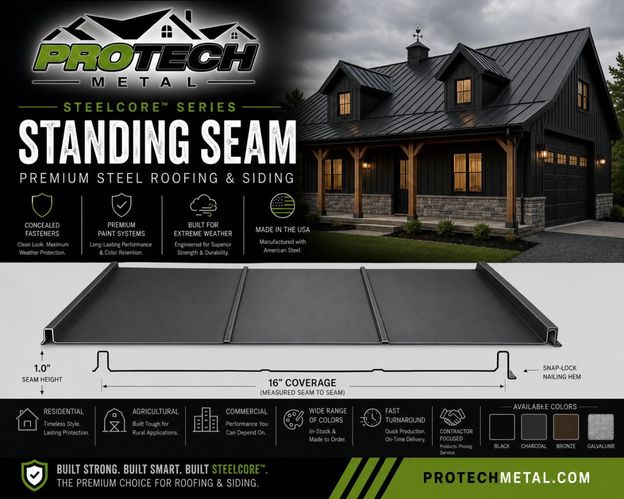 ProTech Metal's Standing Seam steel roofing offers durability and style for residential, agricultural, and commercial use.