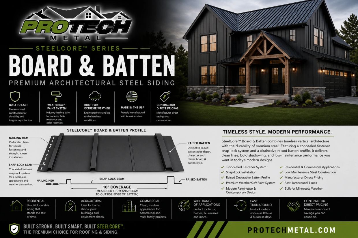 Modern house with black steel board and batten siding by ProTech Metal.