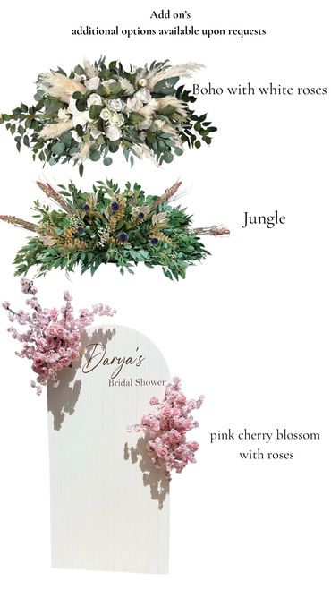 Floral add-ons for events including Boho white roses, Jungle theme, and pink cherry blossoms with roses.