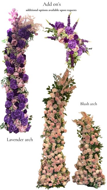Lavender and blush floral arches with lush blooms and greenery.