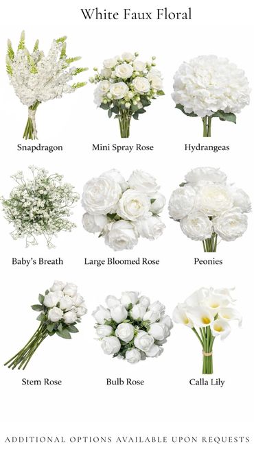 Collection of white faux floral arrangements with names.