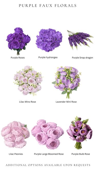 Variety of purple faux flowers including roses, hydrangea, peonies, and more.