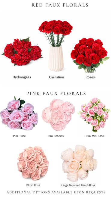 Various red and pink faux floral arrangements showcased with labels.