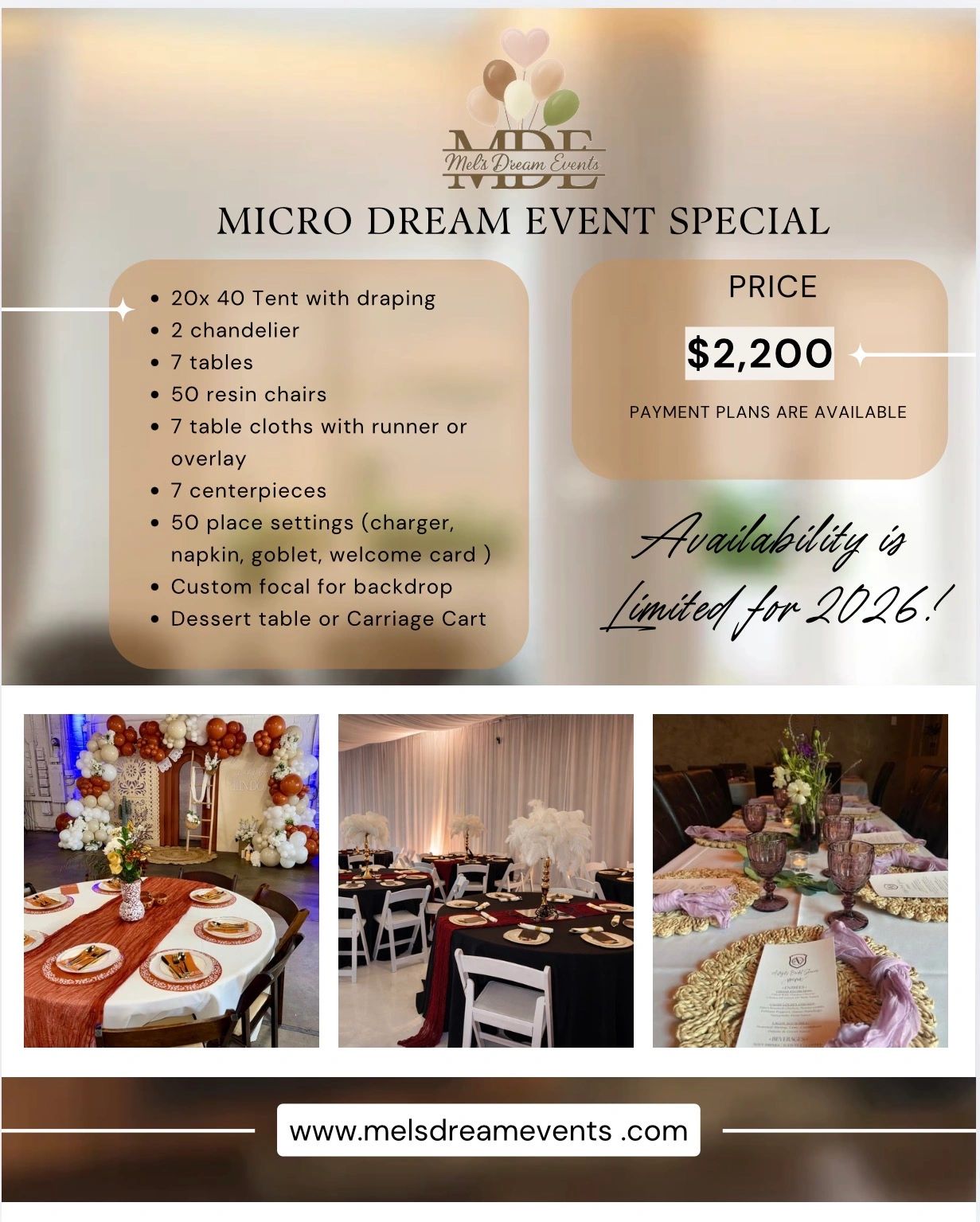 Event package includes tent, chandeliers, tables, chairs, linens, and decor for $2,200 with limited 2026 availability.