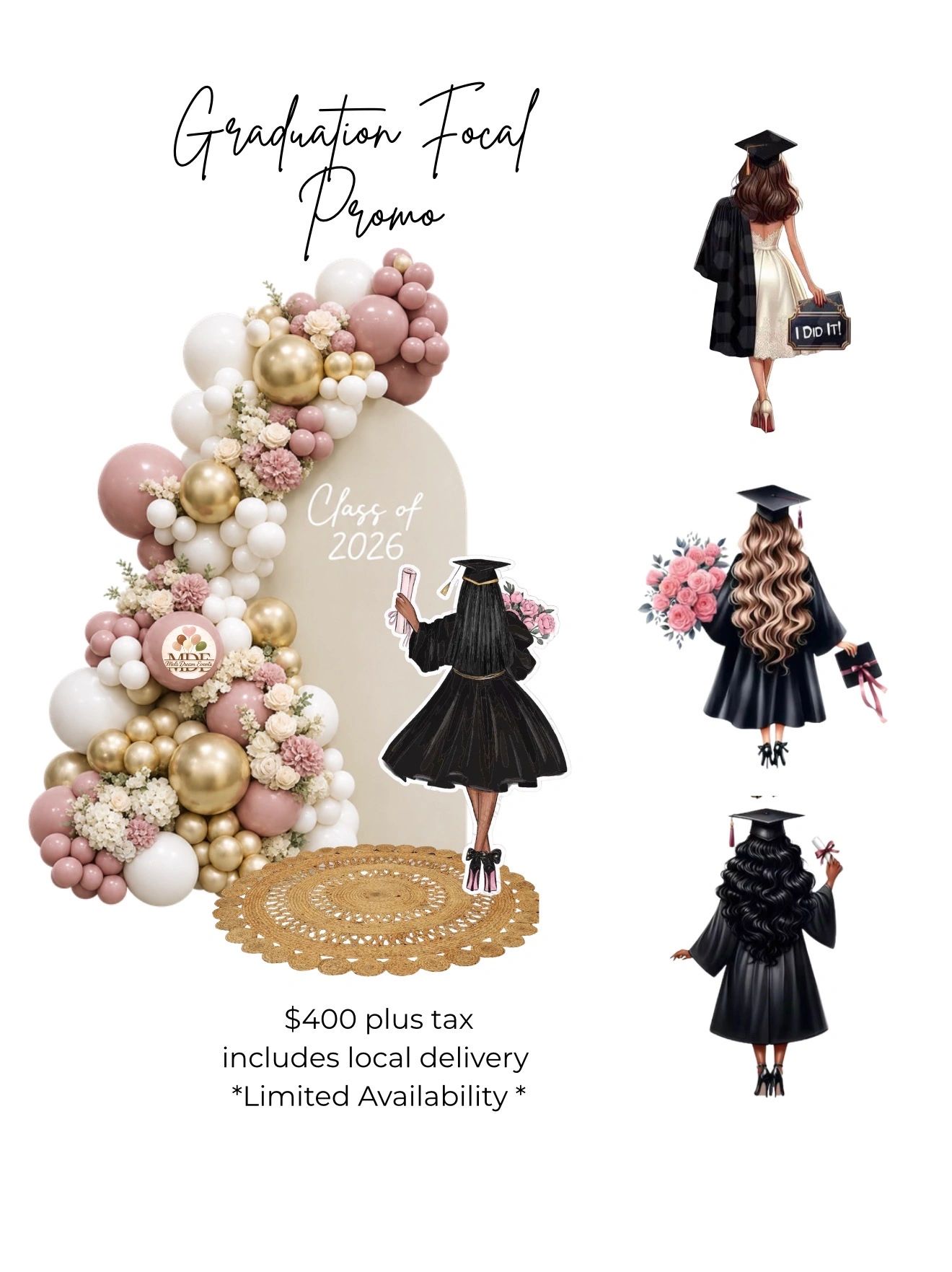 Elegant graduation promo with balloon arch and diverse graduate illustrations.