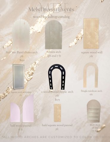 Catalog of wooden backdrop arches and panels with sizes and prices.