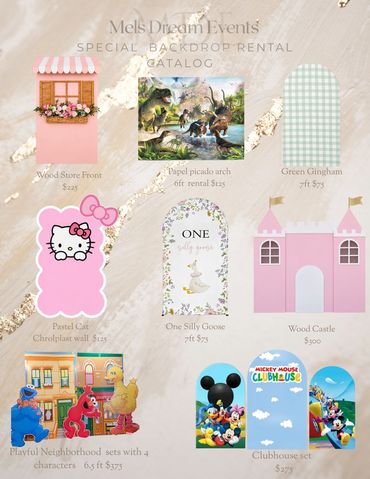 Event backdrop rental catalog with various themed designs.