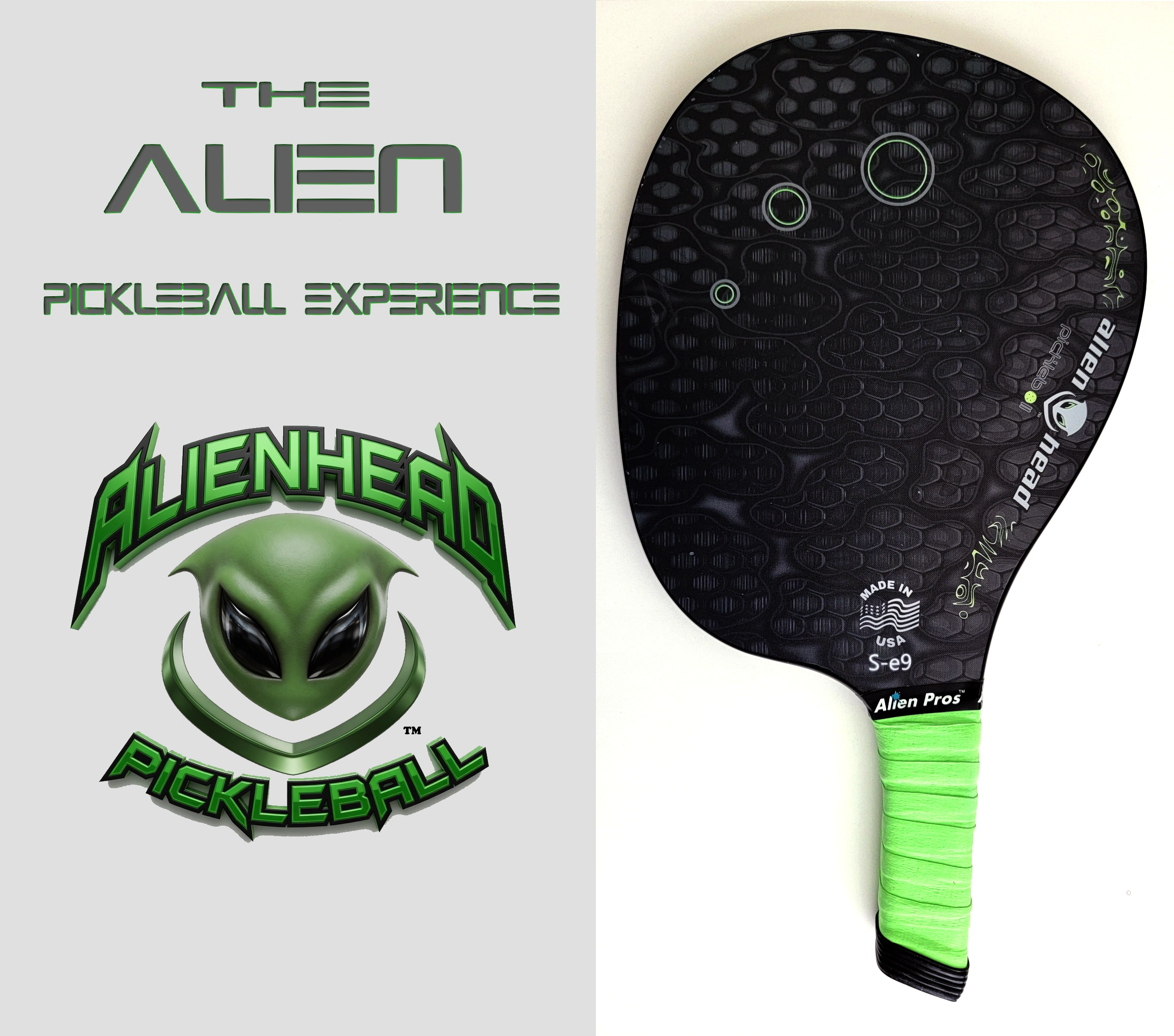 AlienHead pickleball paddle with black surface and neon green grip.