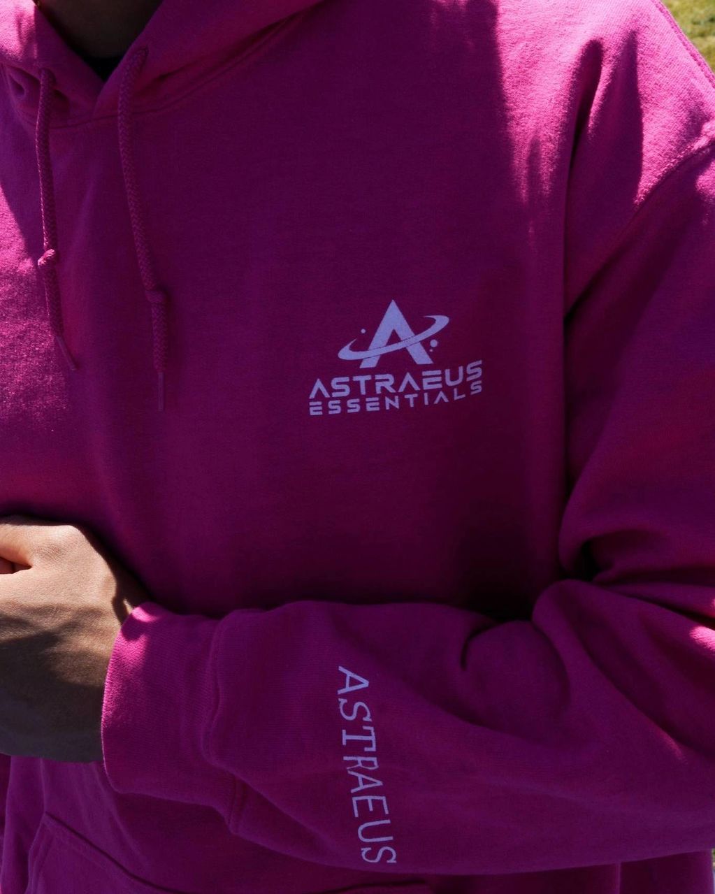 "Motto" Hooded Sweatshirt in pink being modeled